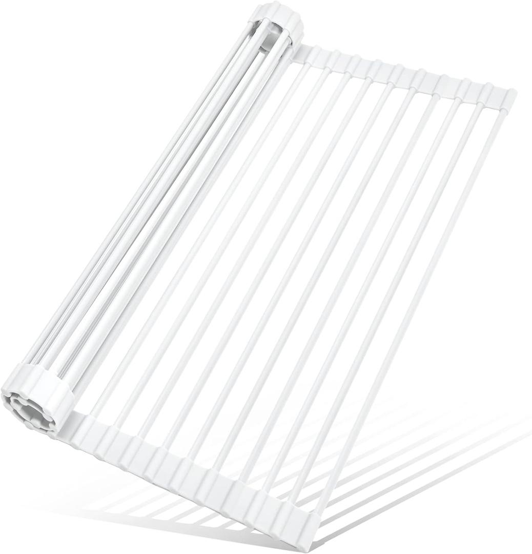MERRYBOX Roll Up Dish Drying Rack Silicone Wrapped Over The Sink Dish Rack Foldable Dish Drainer Anti-Slip Dish Racks for Kitchen Counter, Multipurpose Kitchen Sink Drying Rack, 20.5" x 13", White