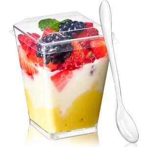 TOFLEN 50 Pack 5 oz Plastic Dessert Cups with Lids for Party, Mini Dessert Cups with Spoons Dessert Shooter Cups for Yogurt Parfait, Appetizer, Pudding, Fruit and Ice Cream