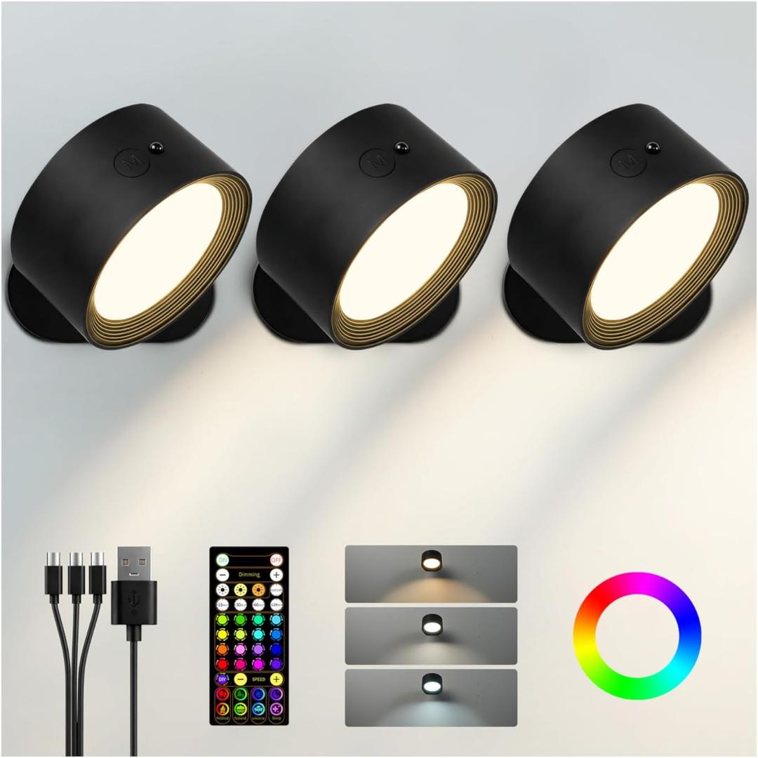 Wall Mounted Lights, 3 Pack Rechargeable RGB Color Changing Light, 3 Color Temps & Remote and Touch, 360 Rotation Dimmable Cordless for Study Bedroom Reading Bedside (Black)