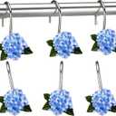 Amyhill 12 Pcs Hydrangea Decorative Shower Curtain Hooks Blue Flower Shower Curtain Rings Hanger Stainless Steel Resin Spring Floral Themed Hooks for Home Bathroom Decor