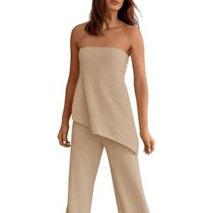 Womens 2 Piece Sets Summer Travel Vacation Outfits 2025 Lounge Matching Sweater Set Knit Tube Tops Wide Leg Pants Small