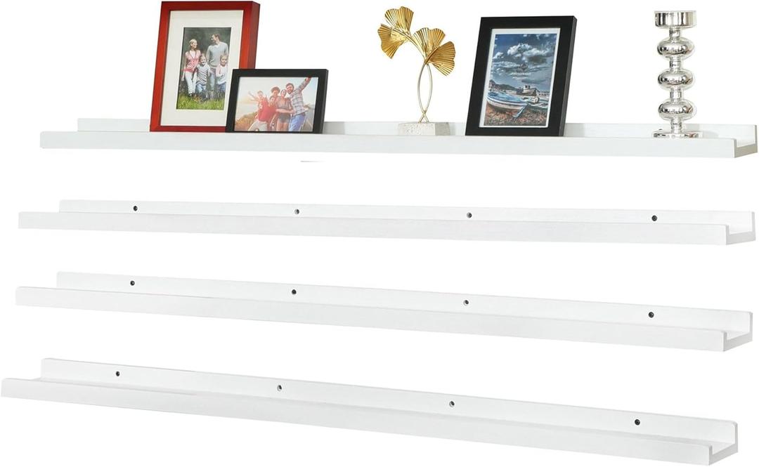 Picture Ledge Shelf,47" Long Floating Shelves with Lip Set of 4,Rustic Photo Frames Shelves Vinyl Record Book Storage Display for Living Room Kids Nursery Bedroom Kitchen Bathroom(White)