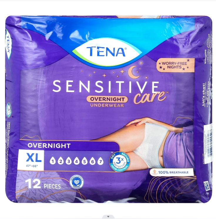 TENA Sensitive Care Overnight Incontinence Underwear for Women, XLarge, 12 Count (New Sizing)
