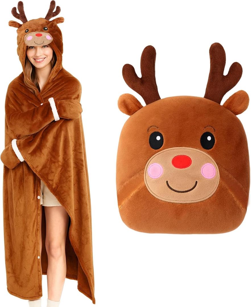 Snowy Owl Wearable Hooded Blanket Adult Gift - Cozy Blanket Hoodie Cape Throw for Women Men, Birthday Holiday Presents (Reindeer-thin Style)