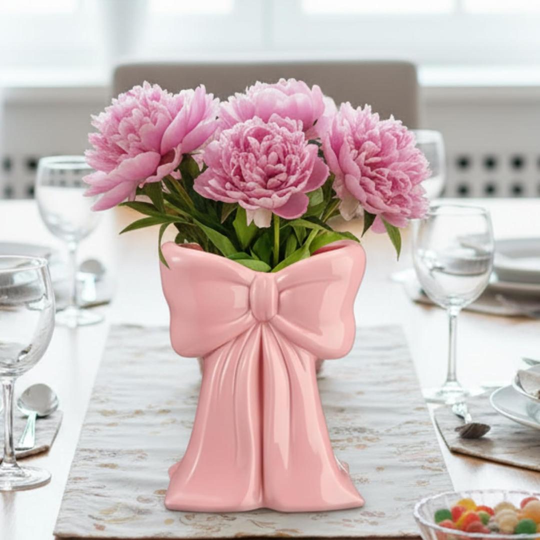 Pink Bow Vase Coquette Pink Ceramic Vase Pen Holder 6.3x4.9x3 in Makeup Brush Holder Contemporary Design Decorative Women Gift for Christmas Home Office Shelf Table Room (Slim)