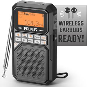 PRUNUS J525 Portable Radio AM FM with Bluetooth Earphone Output & Bluetooth Speaker Mode, Preset, 2500mAh Rechargeable, Micro SD Playback with Shuffle & Sequential Play, Headphone Jack, Sleep Timer