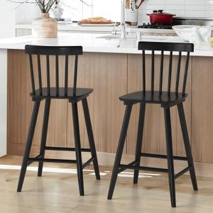 LUE BONA Windsor Wooden Bar Stools Set of 2 for Kitchen Island, Farmhouse 24 Inch Counter Height Stools Chairs with Spindle Back, Black