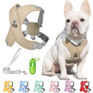 Patas Lague Dog Harness with Leash Set Adjustable Soft Padded Step-in Dog Vest No Choke No Pull Reflective for Small Medium Pets with Poop Bags and Dispenser, Solid and No-chew, Brown M