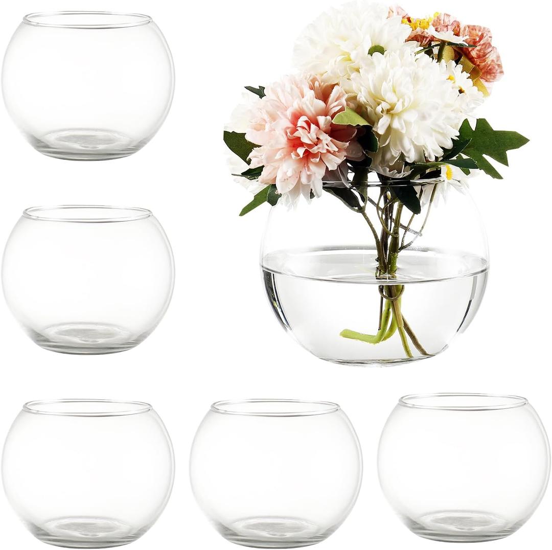 Clear Round Vases Set of 6, Flower Vases for Centerpieces, Glass Vase for Flowers, Glass Bowl Vase for Living Room, Bedroom, Kitchen, Office, Wedding, 5'' W x 4'' H