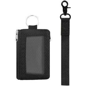 ID Badge Holder with Wrist Lanyard for Teacher, Double-Sided Zippered Pocket, Detachable Lanyard, Key Ring, Metal Clasp, Clear ID Card Window, RFID Blocking Wallet, Black