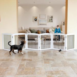 ZJSF Freestanding Panel Dog Gate for Indoor, Doorways,Stairs, or Hallways,Foldable Wooden White Puppy Gate for House,Pet Gate for Dogs,Dog Fence, Puppy Gate,Support Feet Included,24 "Height-6 Panels