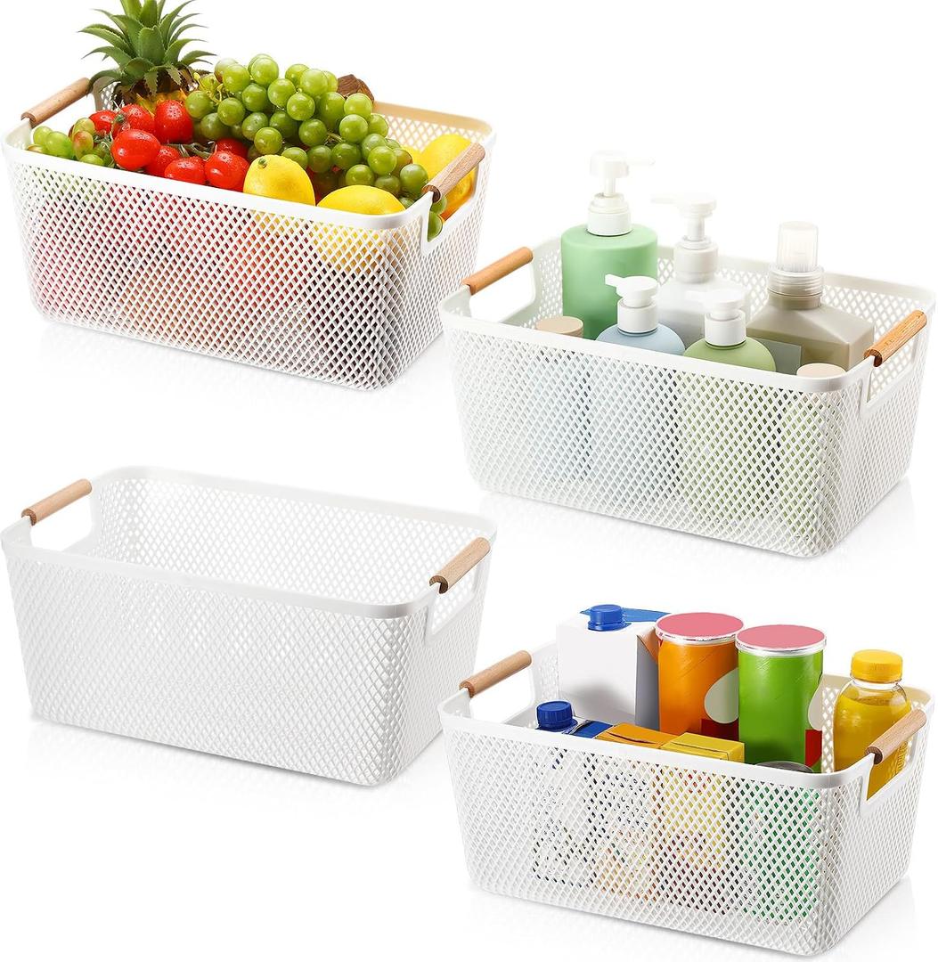 Tioncy 4 Pcs White Mesh Baskets with Wooden Handles Plastic Storage Organizer Baskets Pantry Basket Fruit Vegetables Gathering Basket Bin for Organizing Cabinet Closet Bedroom Kitchen(Large)