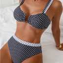 RoseSeek Women's 2 Piece Polka Dots Bikini Sets Color Block Trap Swimsuits Tie Back Tops and High Waisted Panties, Medium, Black and White