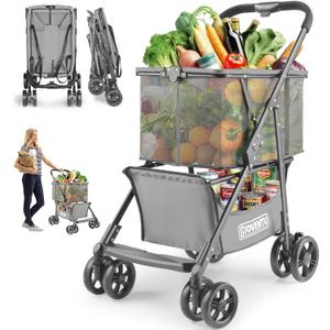 Folding Shopping Cart with Wheels, 80lbs Multi Use Grocery Carts with 360 Wheels & Removable Tote Bag, Multifunctional Portable Personal Shopping Carts for Groceries (Gray)