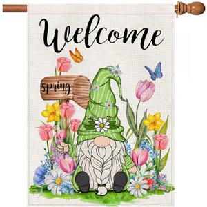3 x Spring House Flag 28x40 Inch Double Sided Outside, Spring Summer Garden Flags Gnomes Welcome Yard Outdoor Flag