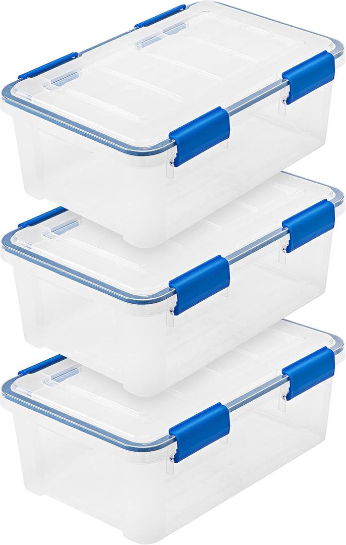 IRIS USA WeatherPro 16 Qt Storage Bins with Lids, 3 Pack, BPA-Free Plastic Gasket Box with Tight Latch and Seal, Stackable Nestable Tote Tub - Clear/Blue
