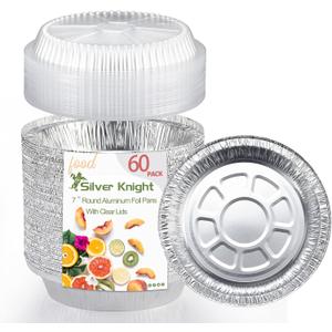 Silver Knight (60 Pack) 7-Inch Round Aluminum Pans Disposable with Plastic Dome Lids Tin Foil Pans for Roasting, Meal Prep, to-Go Containers Silver