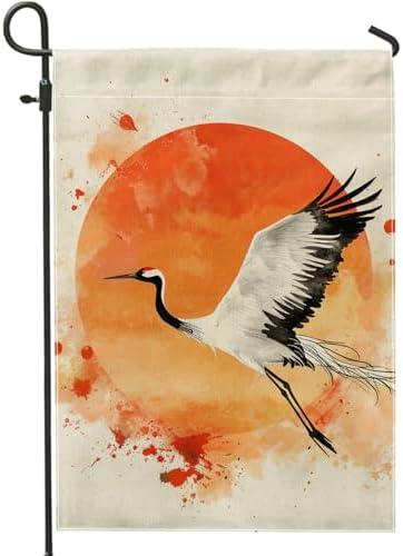 Generic Japanese Crane Garden Flag, Red Circle Bird Art Home Decor Flag, Double Sided Burlap Yard Flag Outdoor Decoration, Asian Style, Holiday Seasonal Decor 12x18 Inch