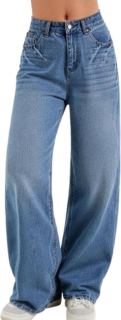 Women Baggy Jeans High Waisted Loose Fit Vintage Oversized Wide Leg Long Denim Pants Trousers (Blue)