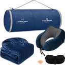 Travel Pillow and Blanket Set Neck Pillows Travel Essentials with Sleep Mask for Airplane Car Memory Foam Blue