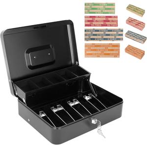 Cash Box with Key Lock and Money Tray - Metal Money Box for Cash Register, Large Cash Lock Box for Money Safe with 100PCS Coin Wrappers Assorted 