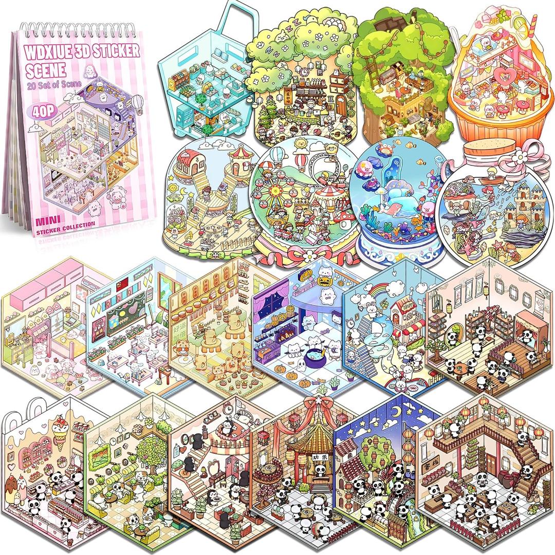 WDXIUE Scene Sticker Book for Kids & Adults – 20 Sets of DIY 3D House Scenes Cute Cartoon Stickers Kit – Fun Sticker Therapy Activity for Stress Relief, Crafts & Gifts (Muticolor)