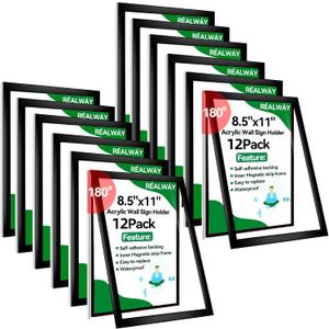 8.5" x 11" Acrylic Sign Holder Wall Mount, Acrylic Wall Sign Holder With Tape,Clear Plexiglass Self-adhesive Plastic Display Frame, Door/Window Sign Holder 12 pack No Drilling (Black)