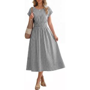 ANRABESS Womens Summer Midi Dress Striped Casual Short Sleeve Crewneck Empire Waist 2026 Flowy Long Beach Dress with Pockets XL