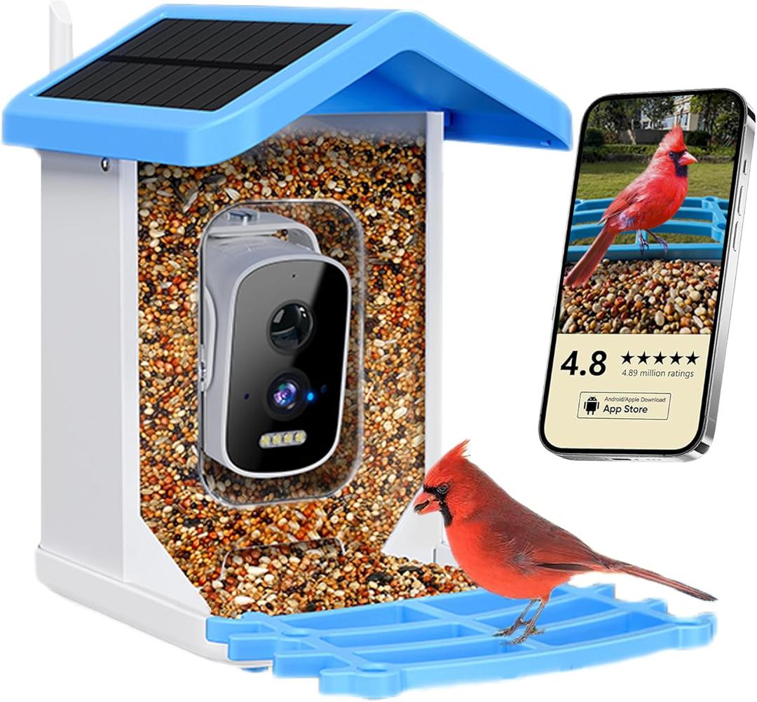 Brookstone Smart Bird Feeder with HD Camera, Solar Powered, AI Bird Identification, Live Stream via WiFi, Night Vision, Weatherproof, Outdoor Backyard Feeder