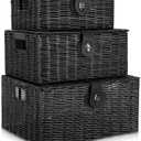 Set of 3 Woven Storage Basket Box Wicker Hamper Stackable Bin with Lid & Lock, Built-in Carry Handles, Organizer for Nursery, Baby Closet, Diaper, Toys, Home, Office, Laundry, DVD (Black)