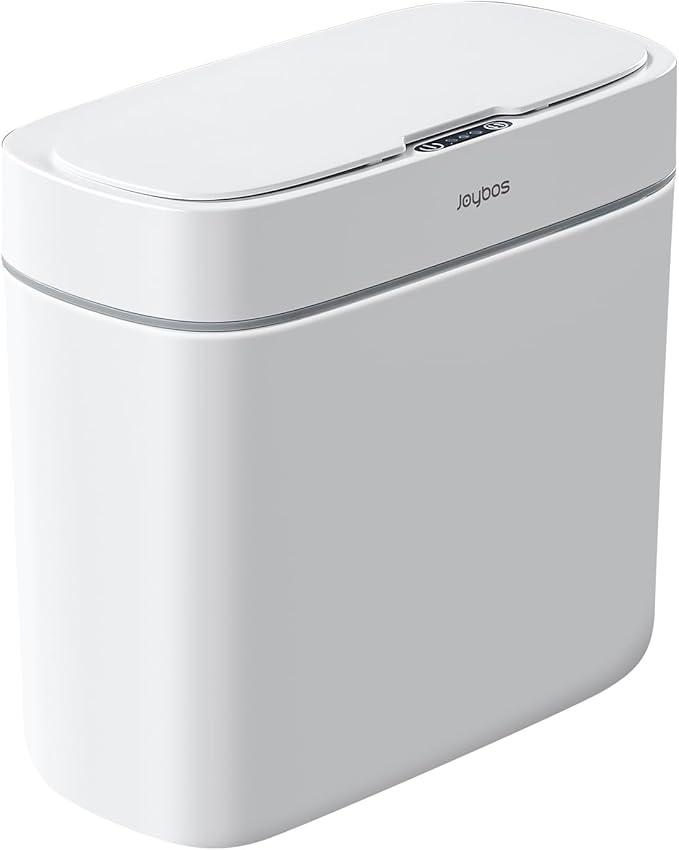 JOYBOS Bathroom Trash Can,3 Gallon Waterproof Automatic Small Bathroom Garbage Can with Lid, Slim Motion Sensor Plastic Narrow Trash Bin for Bedroom, Kitchen, Office,RV White