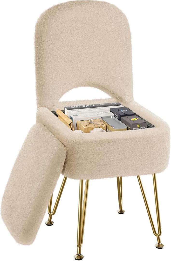 GREENSTELL Small Vanity Stool Chair with Storage and Folding Back, 13.4" x 15" x 30" Square Faux Fur Soft Ottoman, 4 Metal Legs with Anti-Slip Feet, Furry Padded Seat for Makeup, Bedroom, Camel