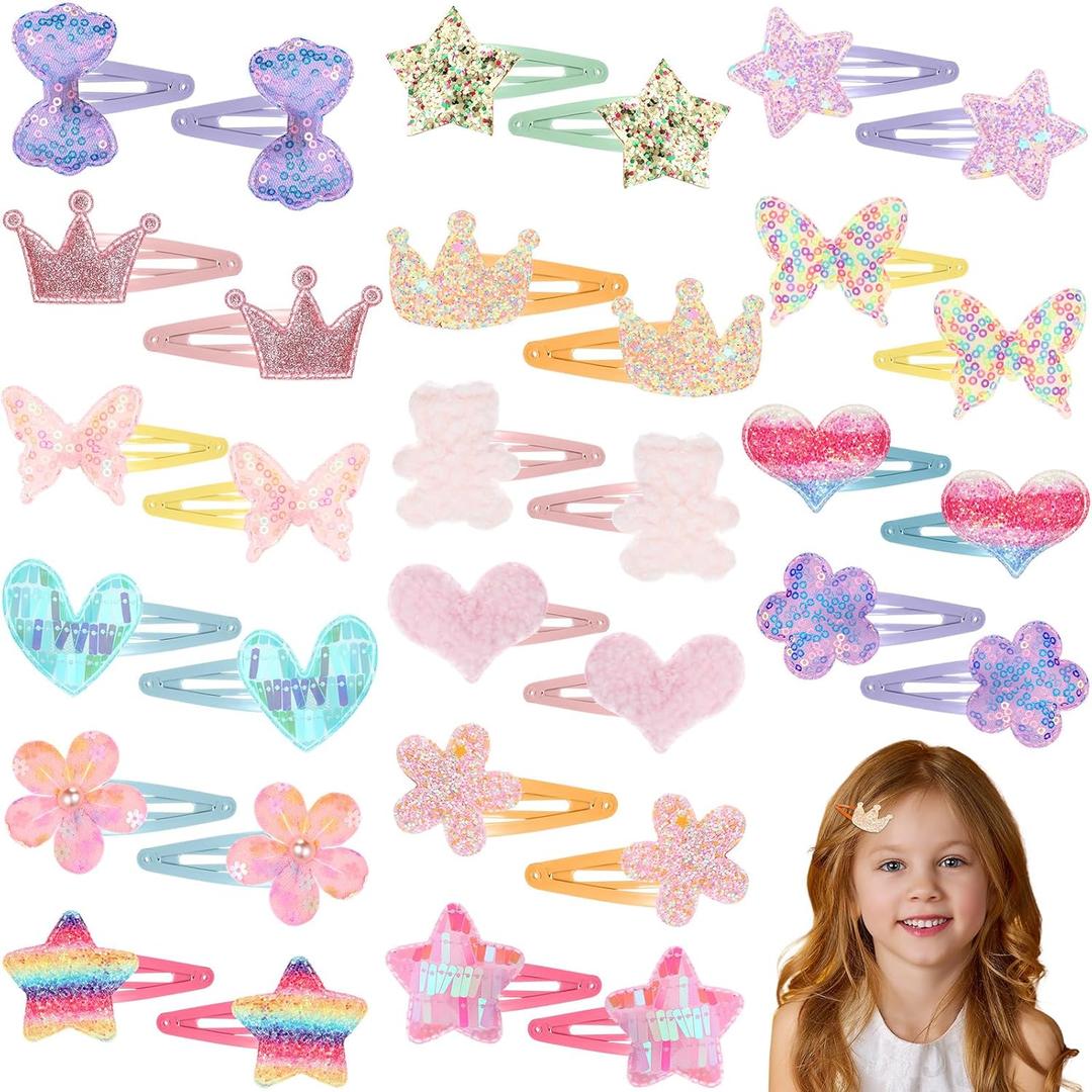 Hanaive 32 Pcs Christmas Girls Gift Hair Clips Glitter Butterfly Metal Snap Hair Accessories for Kids Girls Cute Heart Shaped Barrettes Sparkly Barrettes Clips for Toddlers Kids(Cute,Macaron Color)