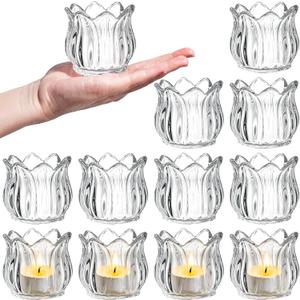 Elsjoy Set of 12 Tulip Glass Votive Candle Holders, Decorative Tea Light Candle Holders, Clear Glass Flower Tealight Candle Holder for Table Centerpieces, Wedding Decor