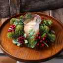 Set of 4 Christmas Candle Rings, Artificial Norfolk and Red Berry Greenery Eucalyptus Candle Rings Small Wreaths 3 Inch Center for Pillars Xmas Winter Holiday Wedding Table Decor (Red)