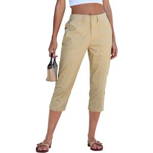 GRAPENT Capri Pants for Women High Waisted Relaxed Fit Elastic Waist Casual Capris Trousers Crop Chino Pants with Pocket (Beige, XL)