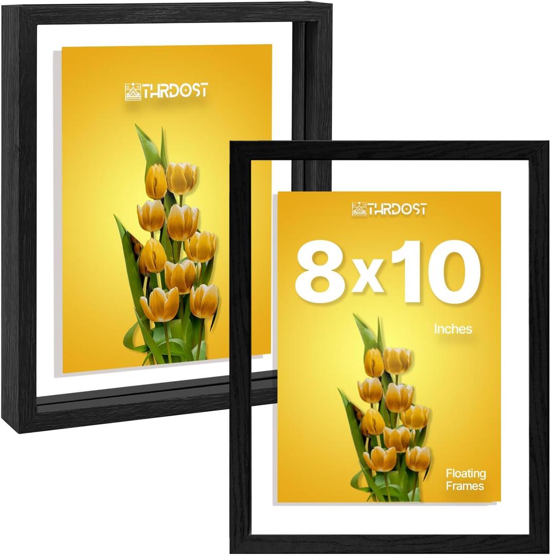 8x10 Floating Picture Frames Set of 2  Solid Wood Frame with Tempered Double Glass, Wall Mount Photo Frames for Vertical & Horizontal Display, Modern Hanging Wall Decor (Black)