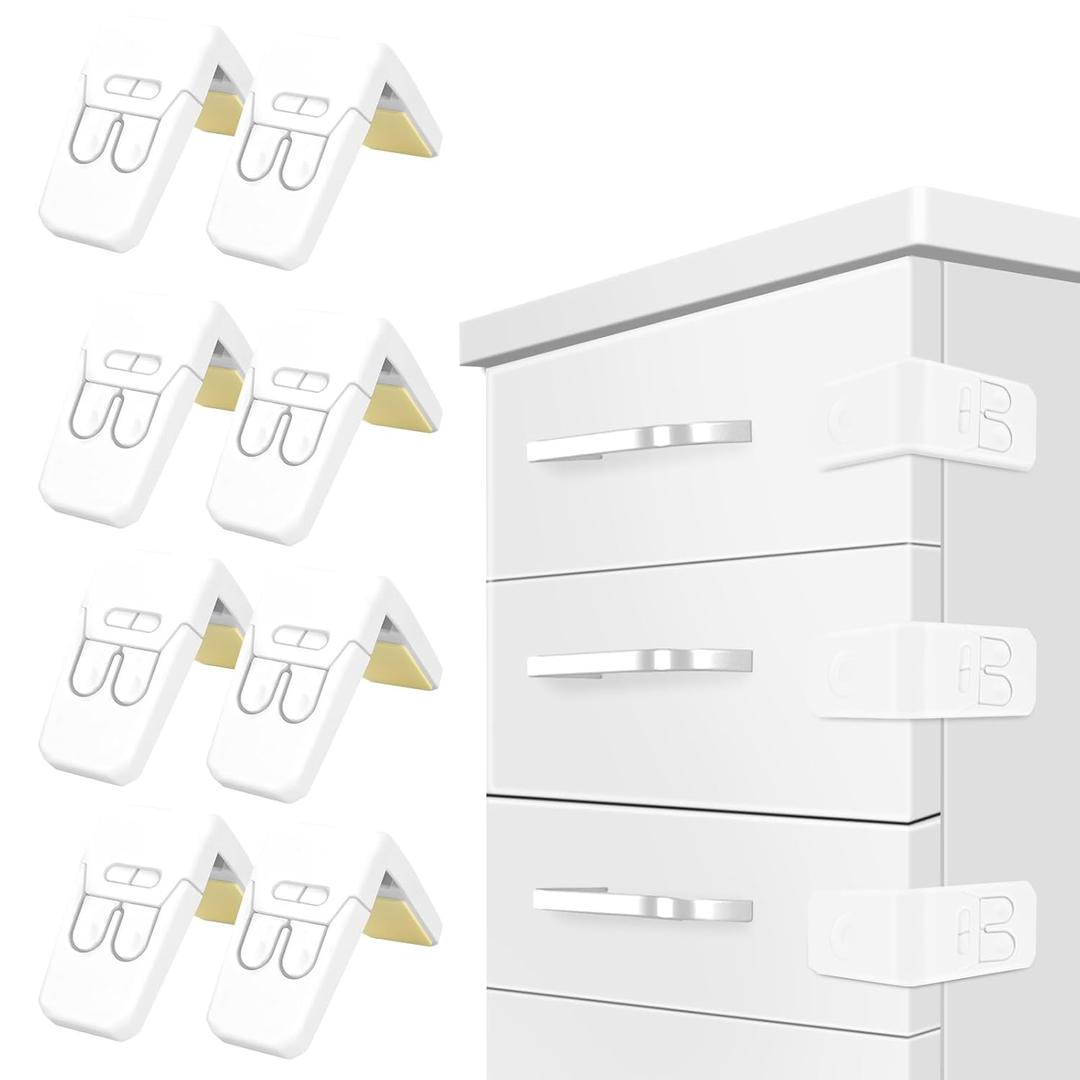 FYY Cabinet Locks for Babies - 8 Pack Child Proof Cabinet Locks Child Safety Locks for Cabinets Baby Proofing Angle Type Drawer Locks Latches with Strong Adhesive for Drawers Doors Cabinets (White x 8pcs)