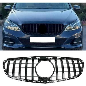 Front Grill Grille for 2014-2016 Mercedes Benz W212 E-Class E200 E250 E300 E350 E400 GT Style Glossy Black Front Bumper Grill Direct Fit Replacement ABS No Modification Required With Camera Hole