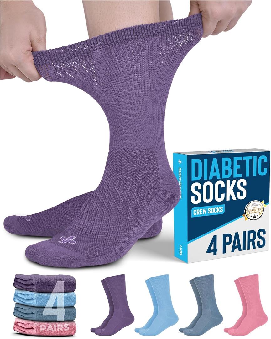 Doctor's Select Diabetic Socks - 4 Pairs Non Binding Socks for Women and Men (Medium, Dark Blue/Pink/Light Blue/Purple - 4 Pairs)