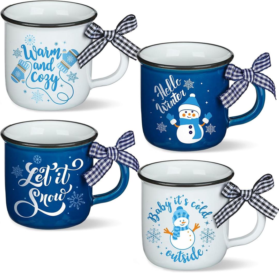 Lallisa 4 Pcs Winter Christmas Coffee Mugs with Ribbon Ceramic Mug Gift Hot Cocoa Mini Coffee Cups Holiday Mugs Tiered Tray Decoration with Handle for Kitchen Farmhouse Home Housewarming Centerpieces