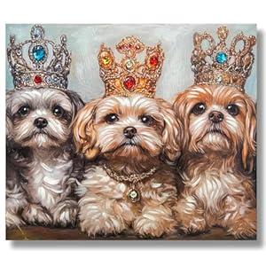 DEMAGNNIE Cute Dog Canvas Wall Art 23"x20" Pet Pictures Wall Decor, Puppy Posters for Kid's Room Wall Decoration, Bathroom Lovely Animal Wall Art, Crowns Decorated with Colorful Acrylic Jewels,  4 Pack