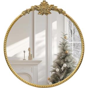 Round Gold Mirror,28inch Baroque Style Vintage Decorative Circle Wall Mirror for Living Room, Bedroom, Bathroom, and Entryway,Antique Gold