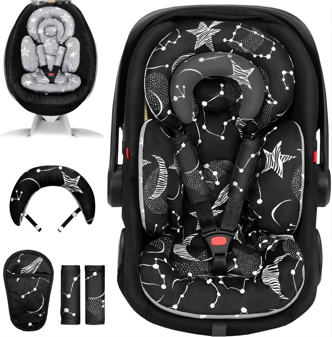 Tinlyfinly Infant Car Seat Insert with Removable Cushion for Preemie to Toddler, Reversible Newborn Carseat Insert for Baby Head Body Support, Fits for Stroller, Baby Swing, Bouncer (Black Star)