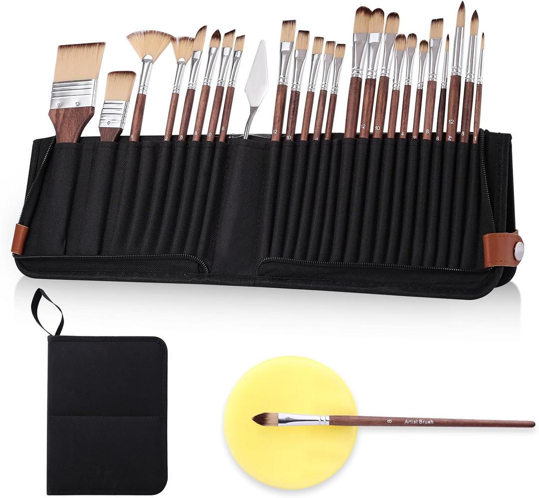 26-Piece Brush Set,Travel Watercolor Brushes, Includes Flat Brushes, Fan Brushes, Cat's Tongue Brushes, and Palette Knives.Suitable for Oil Painting and Watercolor Painting.