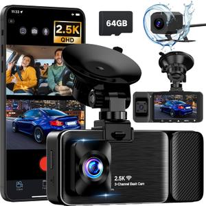 3 Channel Dash Cam Front and Rear Inside, 2.5K Dash Cam, APP Control, Night Vision, 3" IPS Screen, Built-in Wi-Fi, G-Sensor, 24H Parking Mode, Loop Recording, 64GB SD Card Included, K02