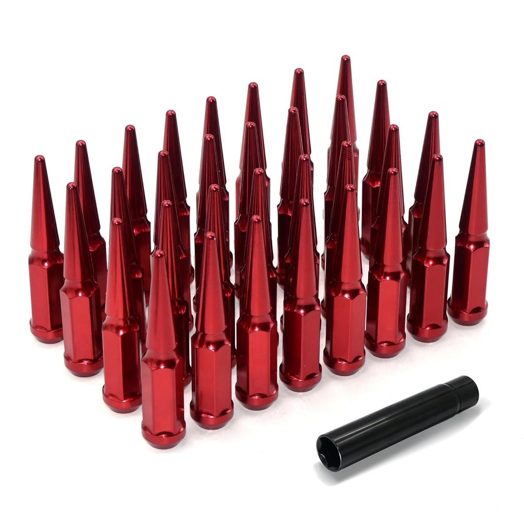 1/2"-20 Red Wheel Spike Lug Nuts, 32 PCS Lug Nut Accessories with 1 Socket Key, Thread Spiked 4.4" Long Closed End Nuts Compatible with Wrangler Cherokee Explorer