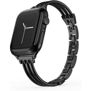 Metal Watch Band for Apple Watch 38mm 40mm 41mm 42mm 44mm 45mm 46mm 49mm, Women's, Slim Exquisite Fashion Stainless Steel Watch Band for iWatch Series 10 9 8 7 6 5 4 3 2 1 SE Ultra Black