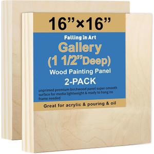 Falling in Art 2 Pack Unfinished Wooden Canvas Panels, 16x16 Gallery Birch Wood Panels Kit, 1 1/2" Deep Art Cradle Boards for Acrylic Painting, Pouring and Burning