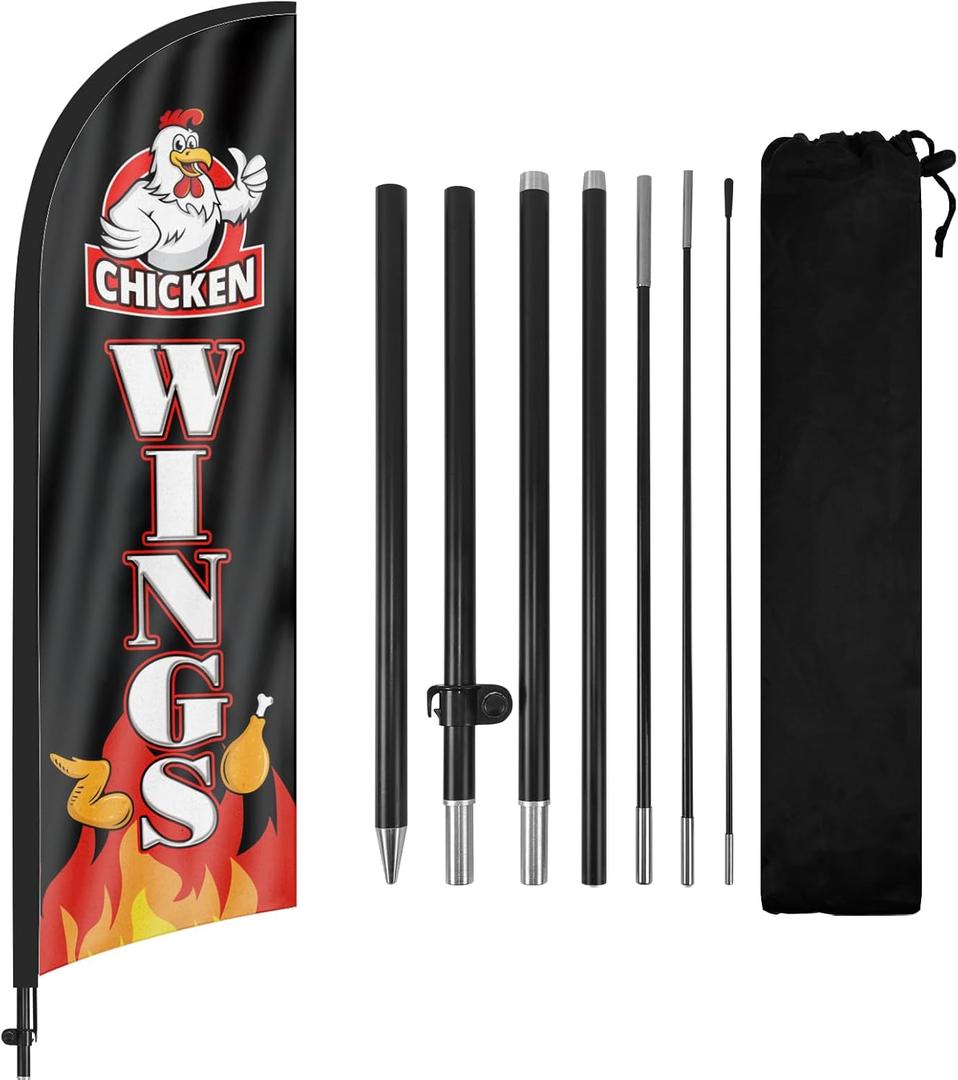 Chicken Wings Advertising Feather Flags Banner, Chicken Wings Swooper Flags with Poles and Ground Stake, 8FT Advertising Feather Flags Sign for Chicken Wings Business
